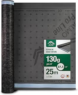 ALMO Écran de sous-toiture ouvert à la diffusion UV 37,5m² (1,5m x 25m), écran pare pluie pour façade, 130g/m², lé de sous-toiture, hydrofuge & résistant aux UV avec joint autocollant intégré