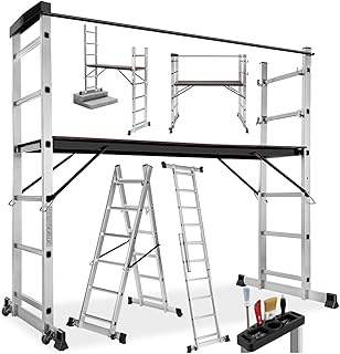 tectake® Échelle Multifonction 3 en 1 Échafaudage Roulant en Acier Plateforme de Travail Antidérapante Échelle Téléscopique Échelle Pliante Escabeau Pliant Bricolage Peinture Toiture