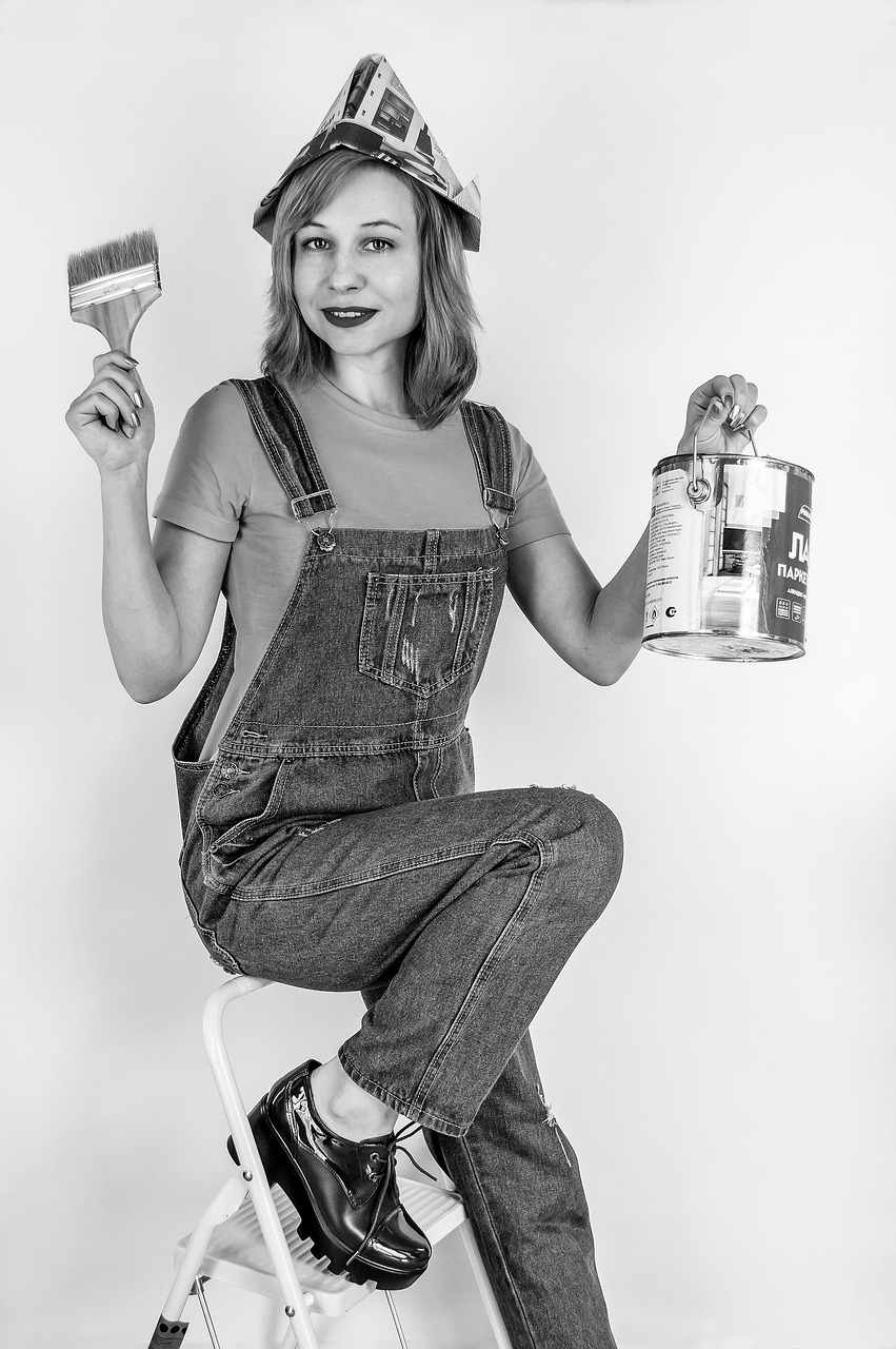 service-04 repair, paint, woman, painter, paintbrush, work, construction, builder, girl, pose, portrait, monochrome